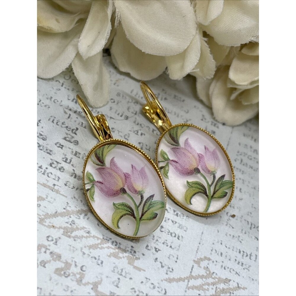 Frosted Pink Tulip Gold Boutique Wire Earrings Wedding Bridal Gift Birthday Wife - Picture 12 of 12